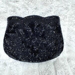 Vintage Style Black Beaded Scalloped Evening Clutch‎ Bag Floral Pattern Zipper